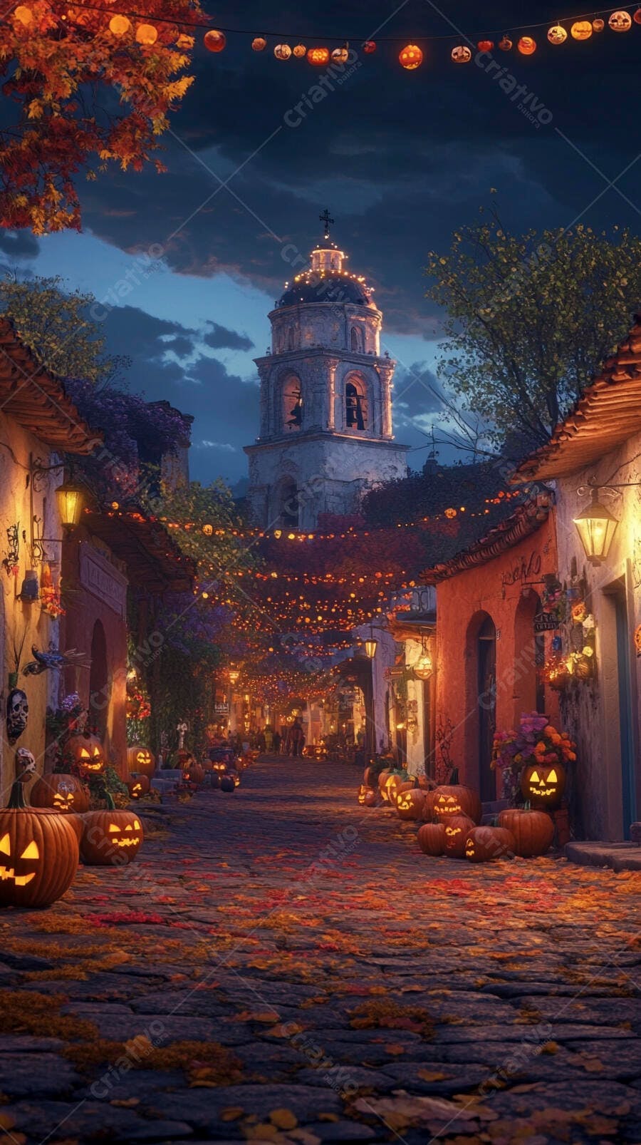 Rua de vila mexicana iluminada para Dia dos Mortos com abóboras e flores
