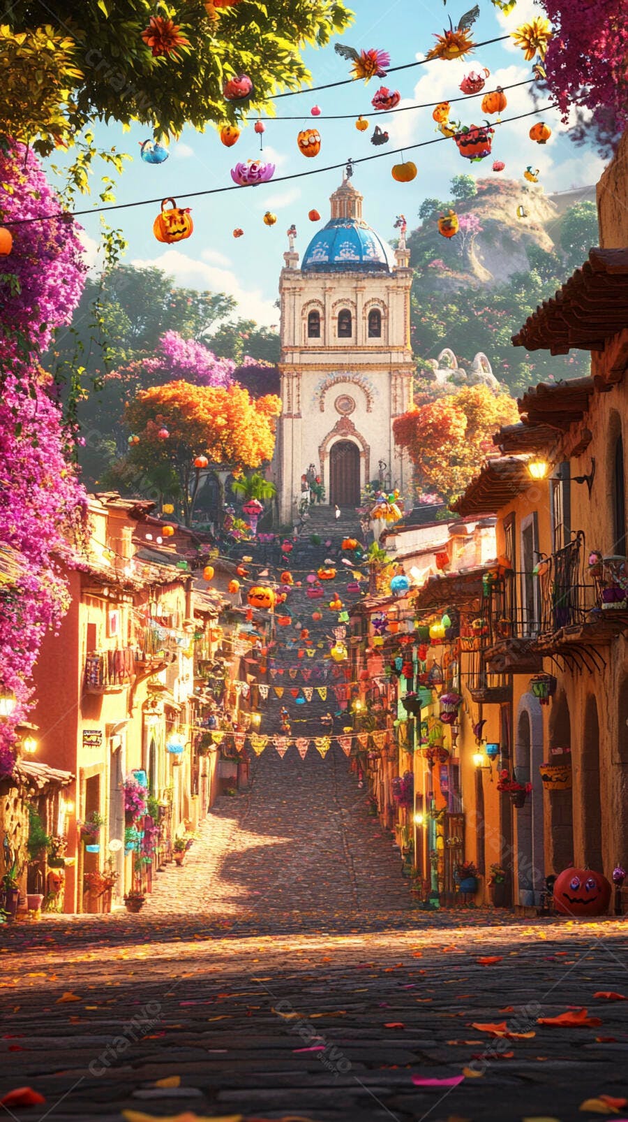Rua de vila colorida com abóboras penduradas e igreja azul no topo