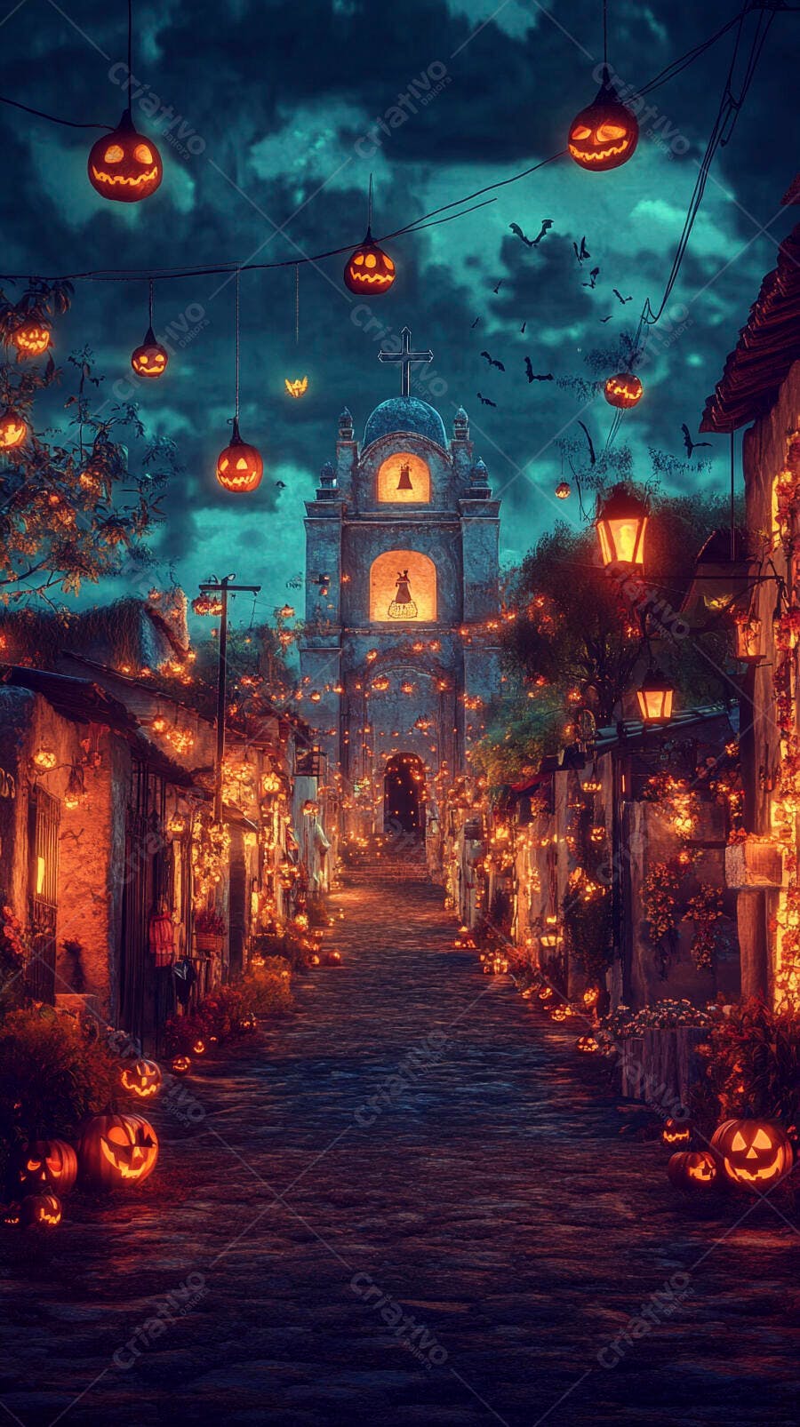 Rua antiga decorada para Halloween com igreja e abóboras luminosas noturnas