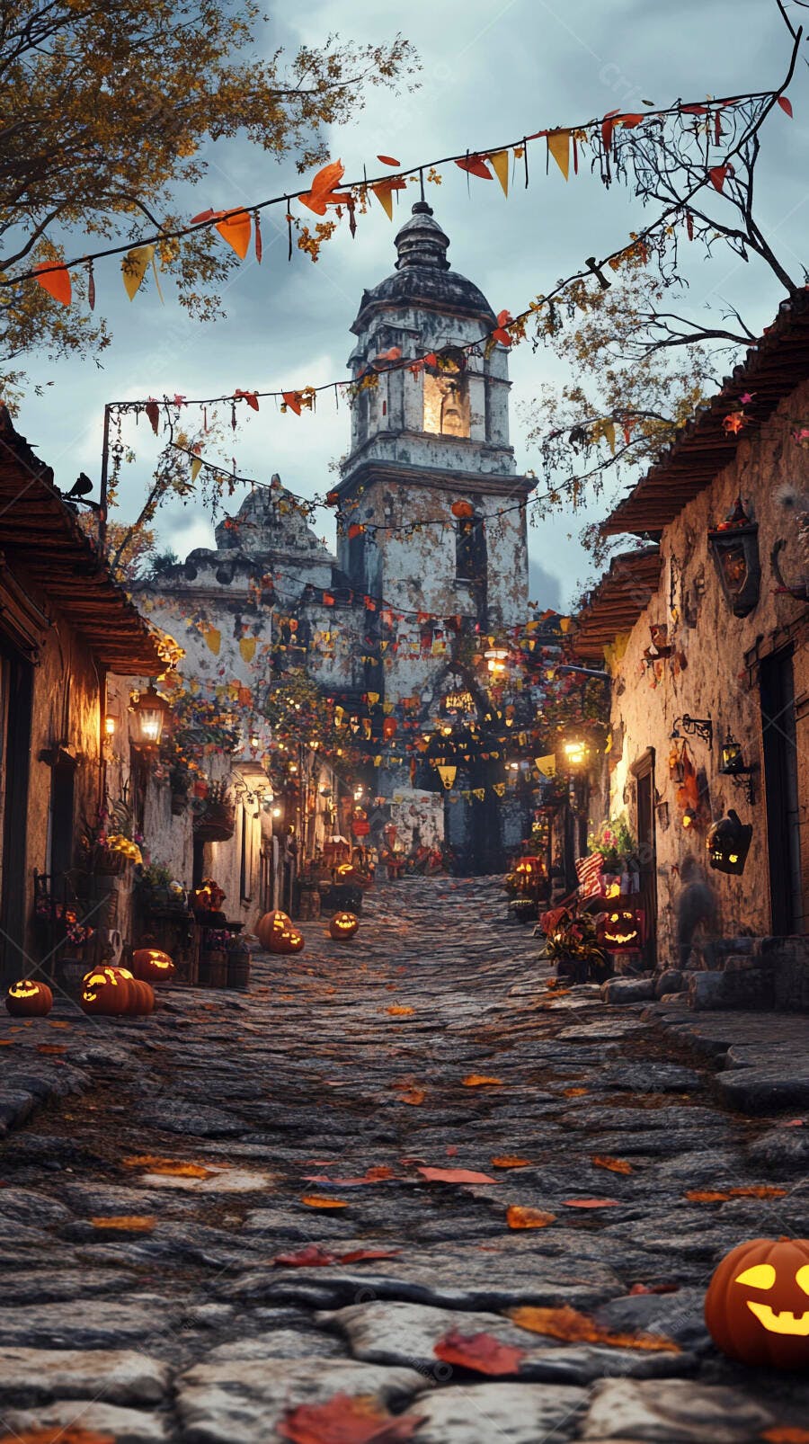 Rua de paralelepípedos decorada para Halloween com igreja antiga e abóboras iluminadas à noite