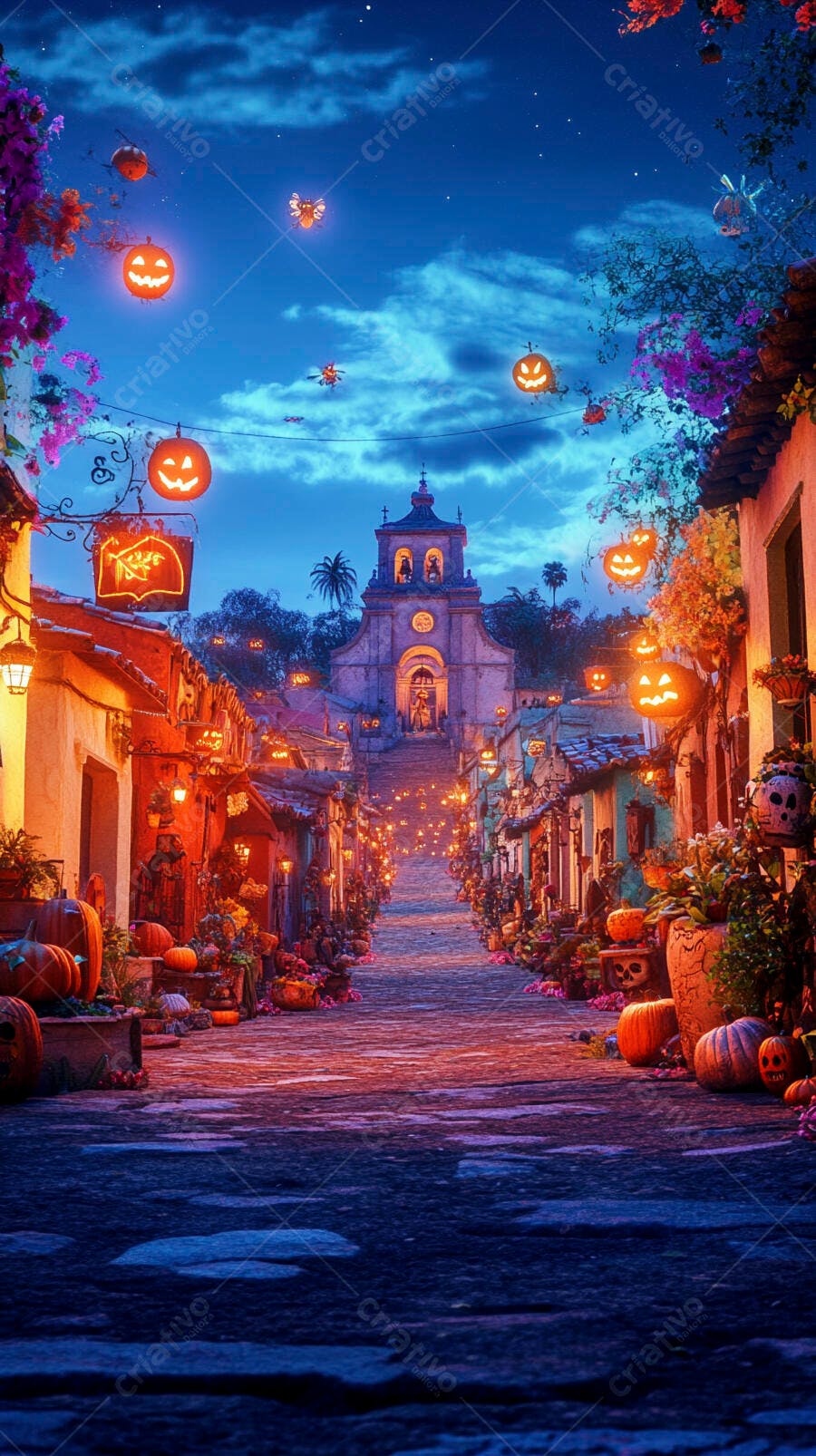 Vila de Halloween à noite com rua iluminada por abóboras e igreja ao fundo