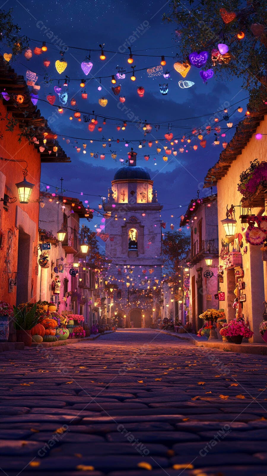 Rua colorida de cidade colonial com luzes festivas noite de celebração