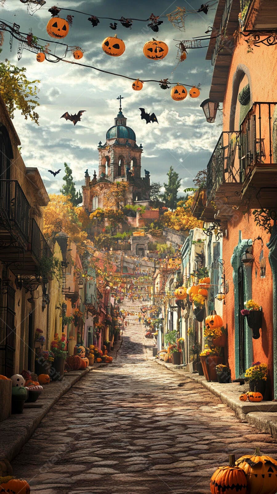 Rua histórica decorada para Halloween com abóboras e morcegos sob céu nublado de outono