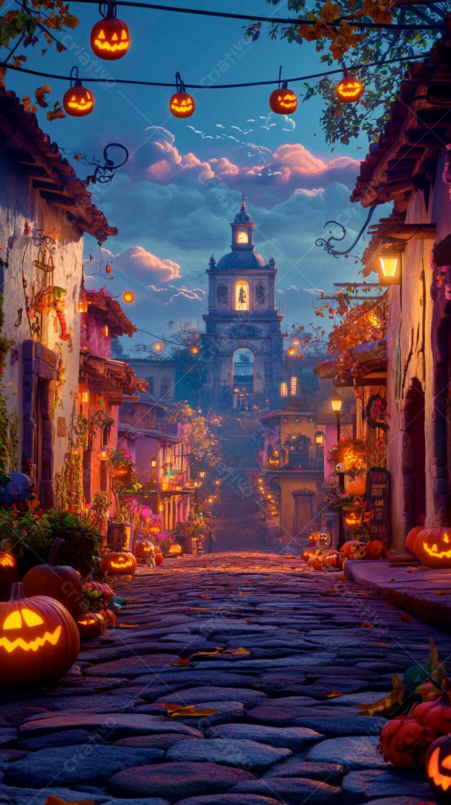 Rua de paralelepípedos decorada com abóboras de Halloween ao anoitecer