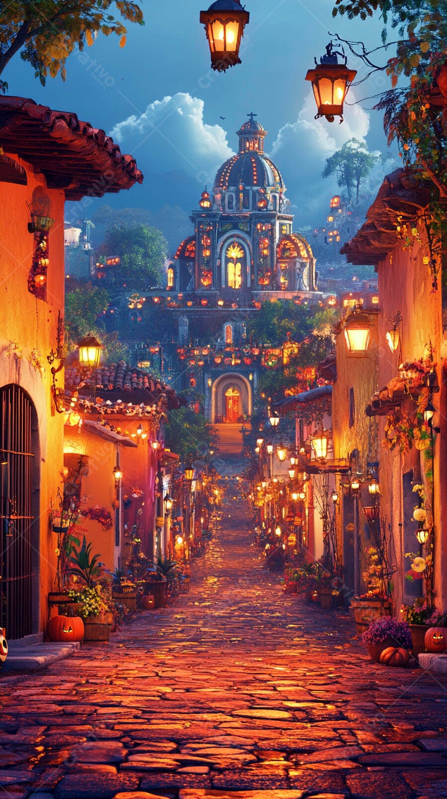 Rua de vila noturna iluminada por lanternas, abóboras e catedral ao fundo