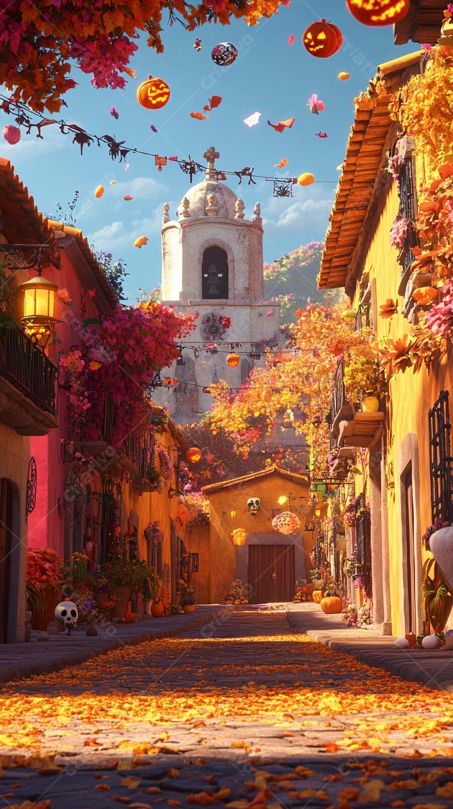 Rua colorida de cidade colonial com decorações de Dia de Muertos e outono