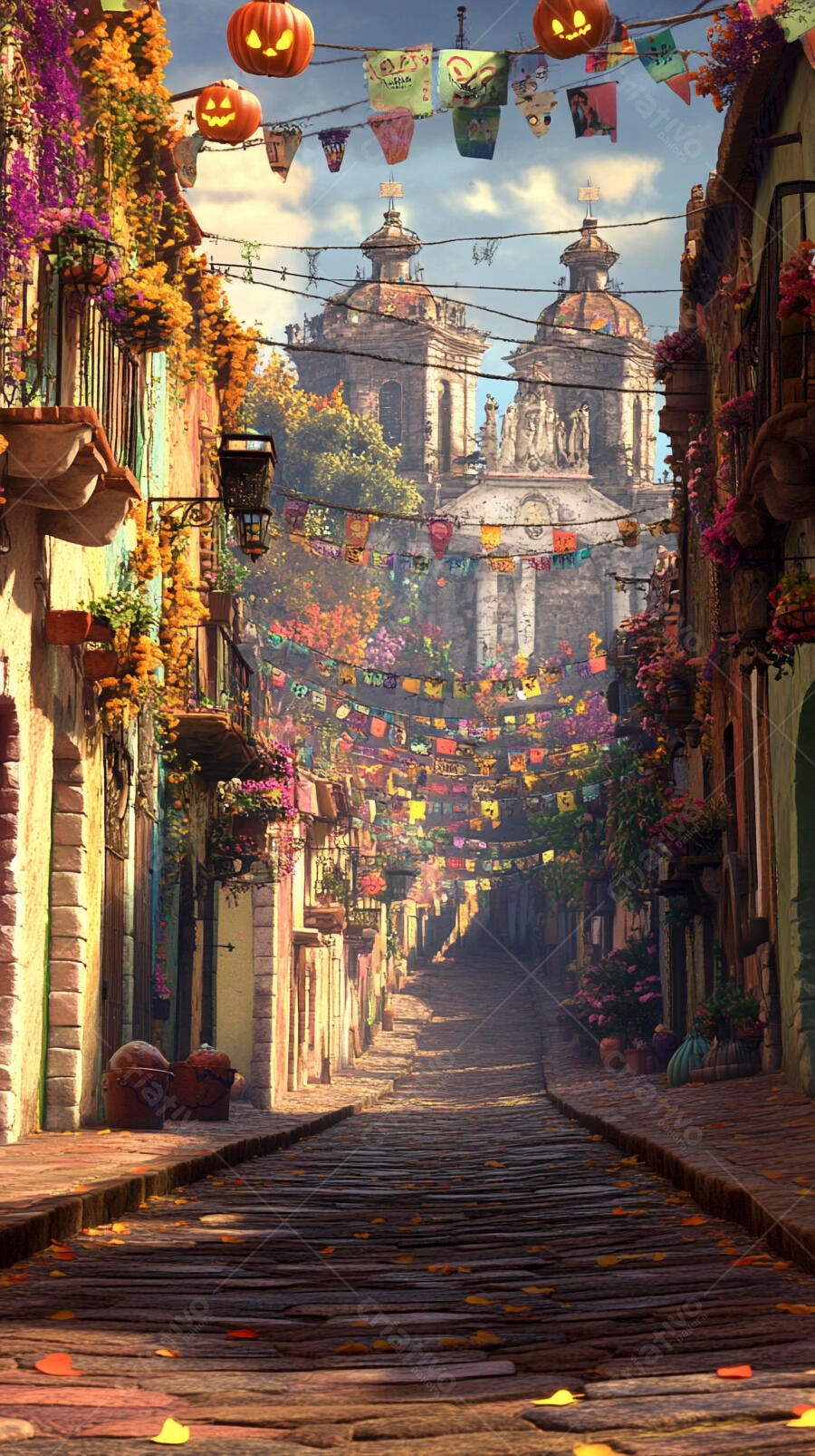 Rua colorida com decorações de Halloween e flores vibrantes em cidade colonial