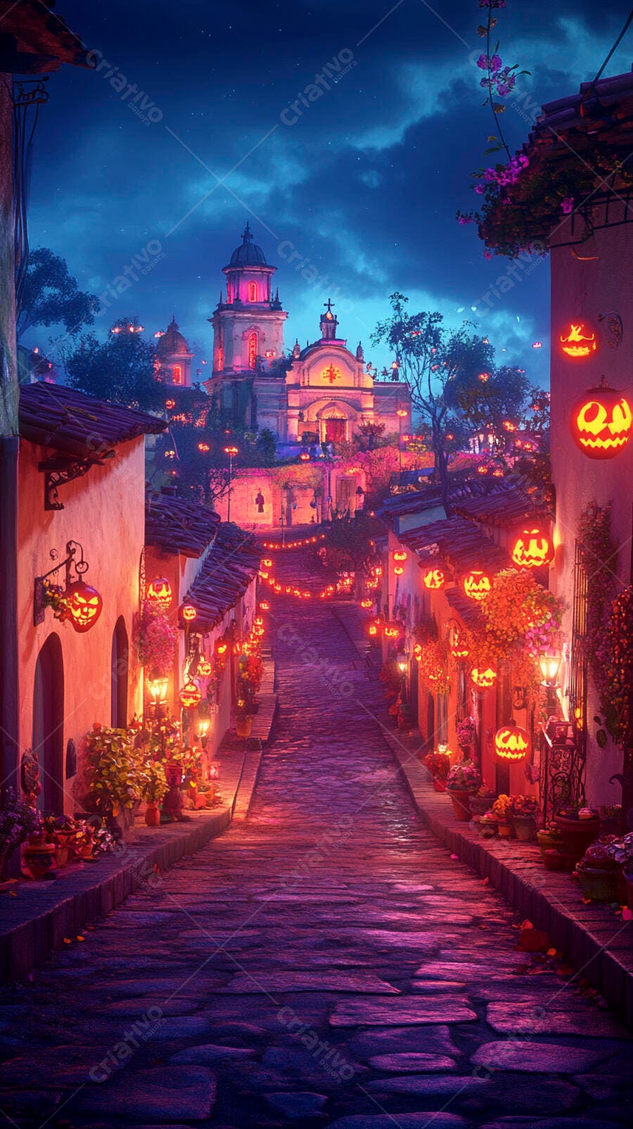 Rua de vila iluminada com abóboras coloridas e igreja ao fundo noite festiva