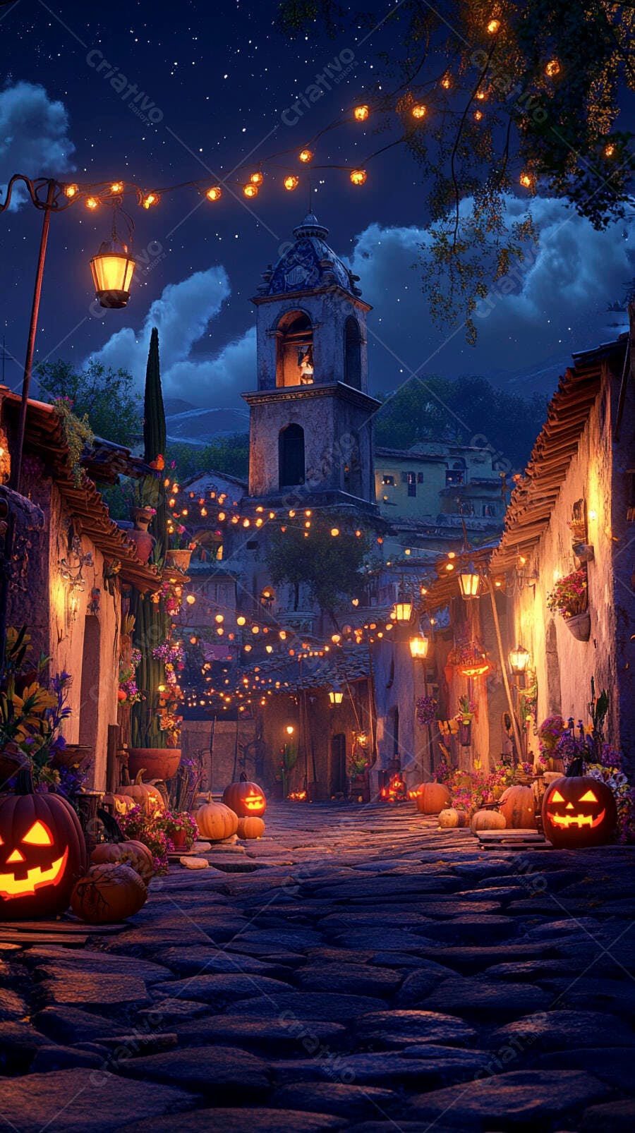 Rua de paralelepípedos decorada com abóboras e luzes de Halloween à noite