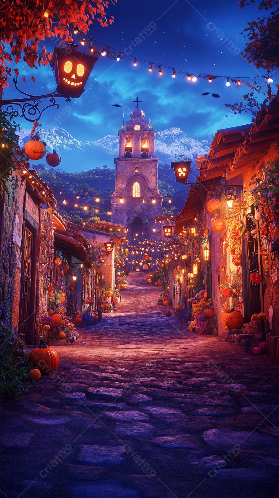 Rua de vila decorada para Halloween com abóboras coloridas e luzes festivas