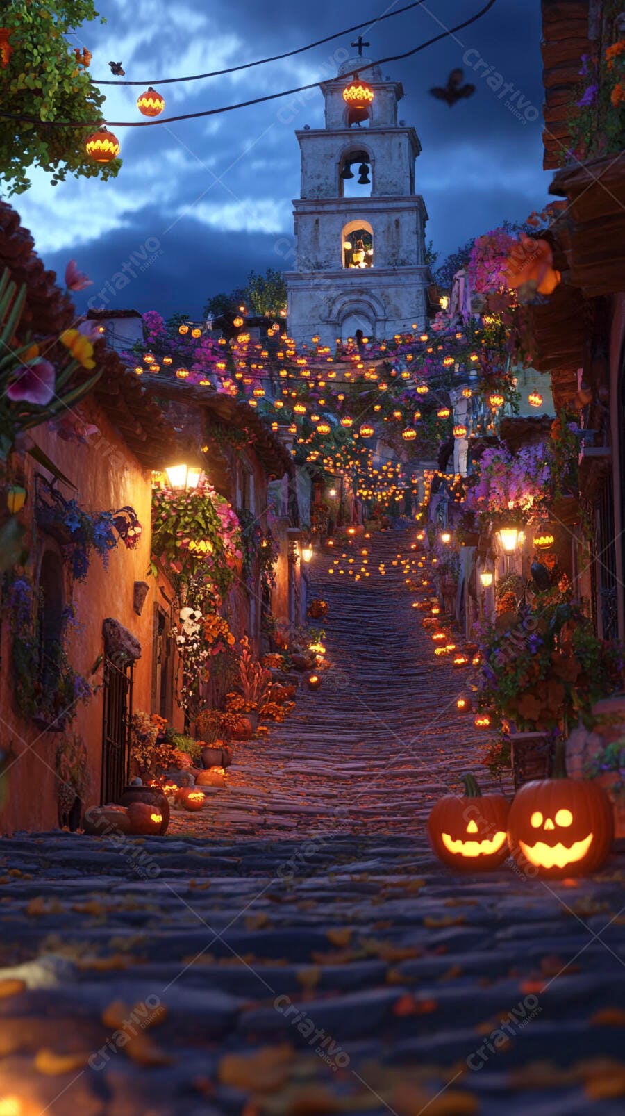Rua de vila antiga decorada para Halloween com abóboras luminosas e lanternas à noite
