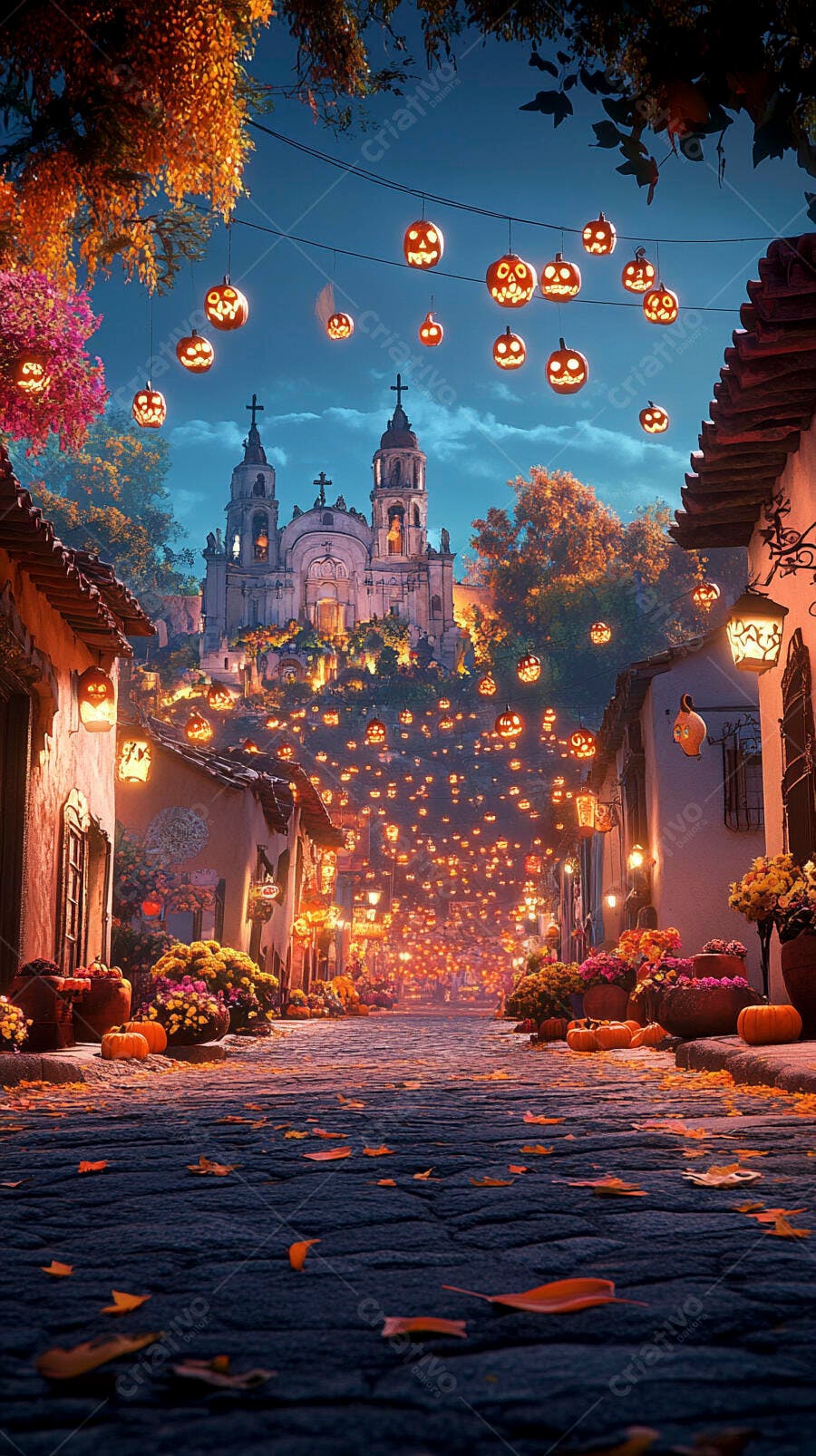 Vila festiva com igreja e lanternas de abóbora para Halloween à noite