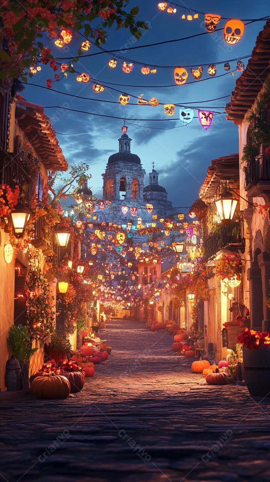 Rua noturna festiva com lanternas de caveira abóboras e flores Dia de los Muertos