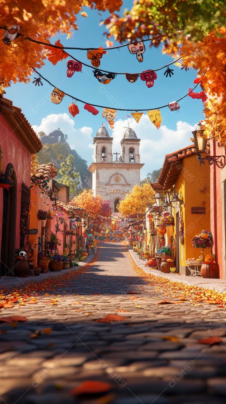Rua colorida de cidade mexicana com igreja e decorações de Dia de Muertos no outono