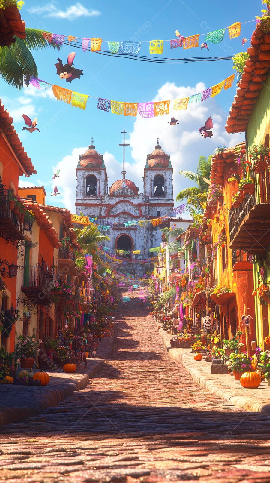 Rua colorida com igreja e decorações festivas ao céu azul