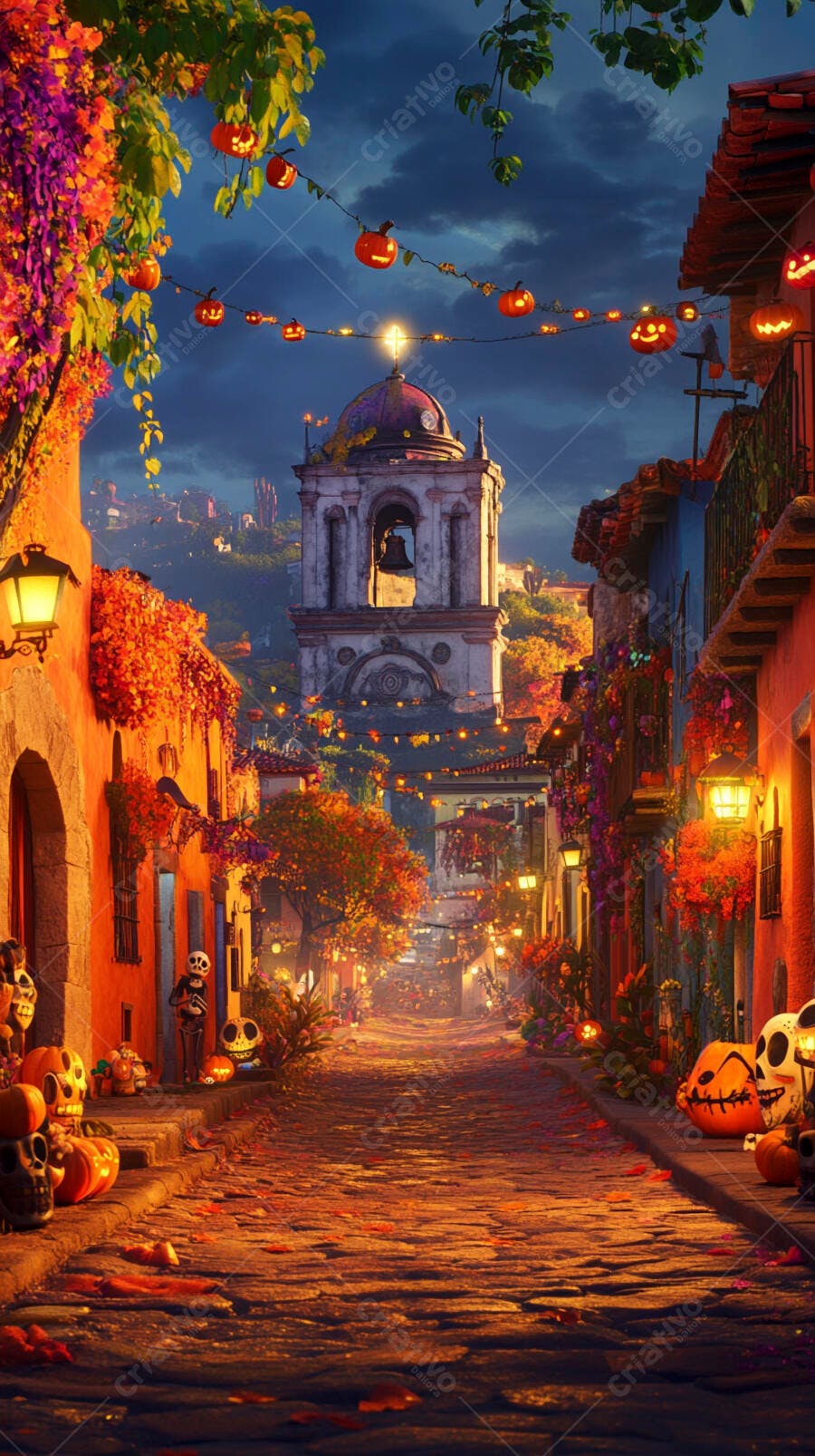 Rua festiva mexicana com abóboras e caveiras para o Dia dos Mortos à noite