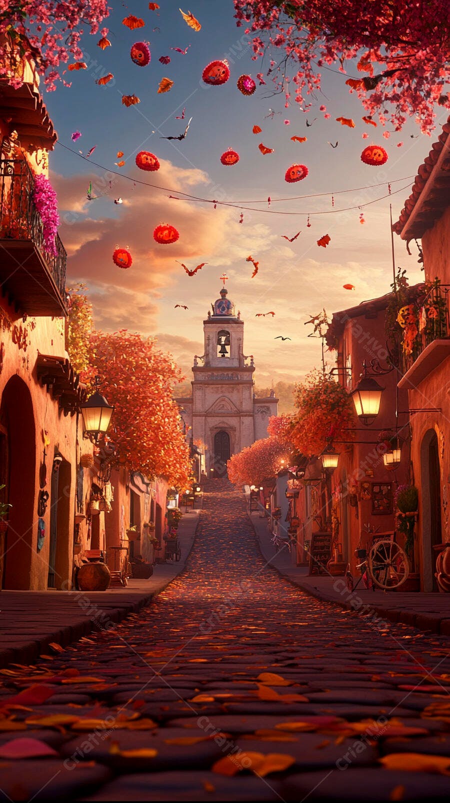 Rua festiva colorida com igreja colonial e decorações de Dia dos Mortos ao pôr do sol