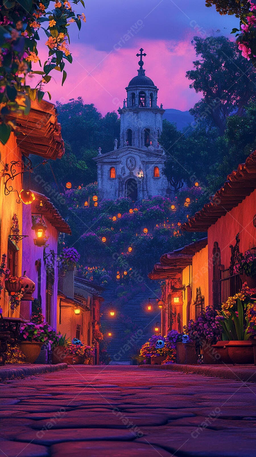 Rua histórica colorida com igreja iluminada por abóboras Dia de los Muertos