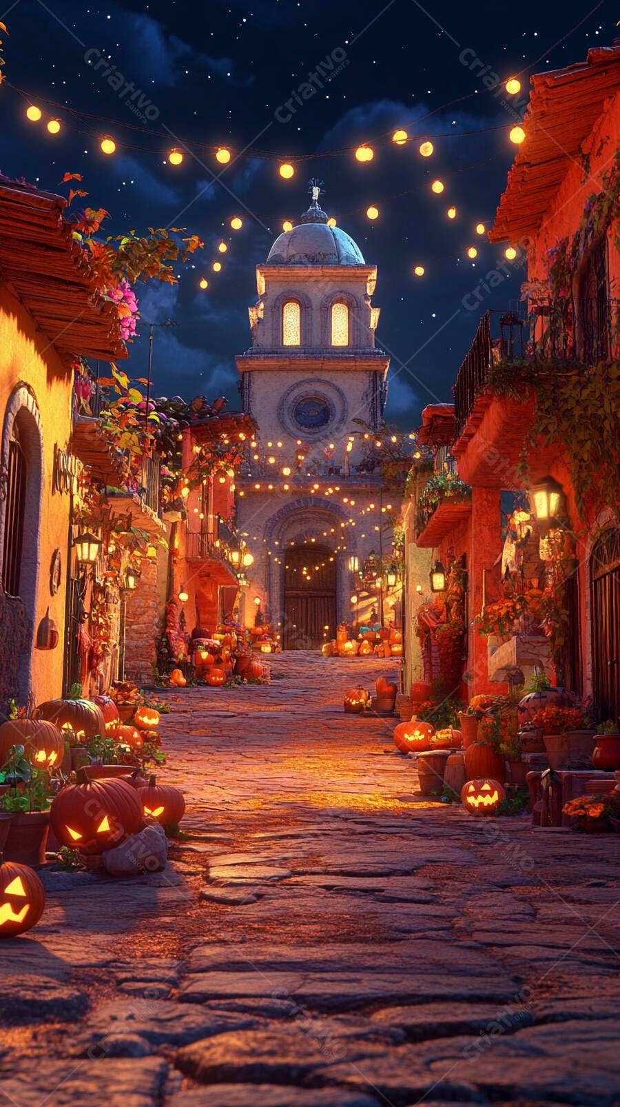 Rua encantada de Halloween com abóboras esculpidas e igreja à noite