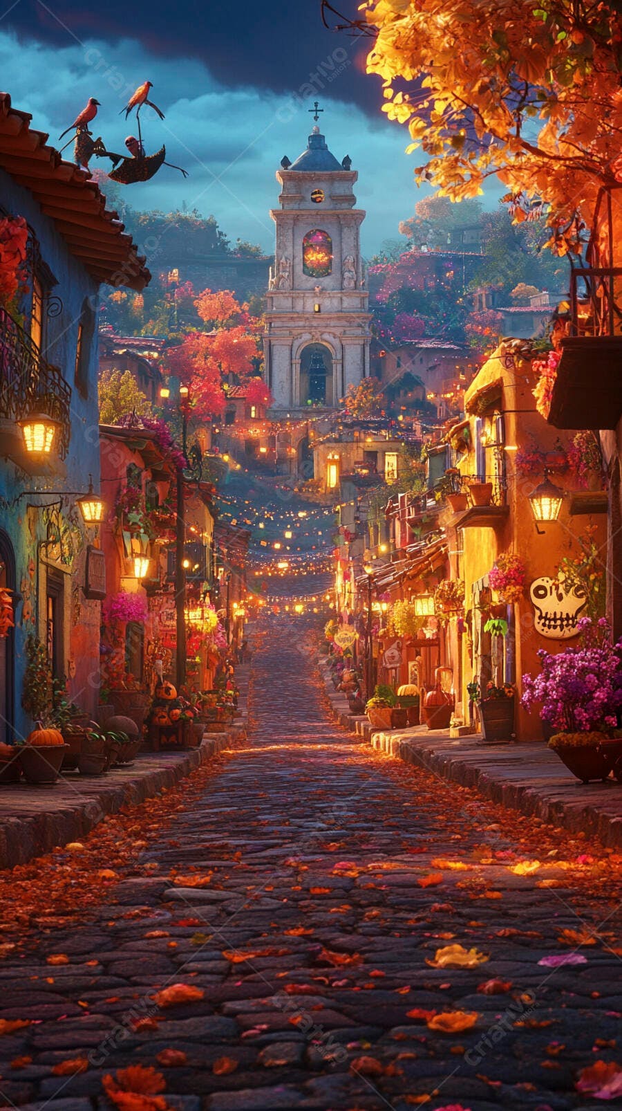 Rua de vila outonal com luzes festivas e igreja colonial à noite
