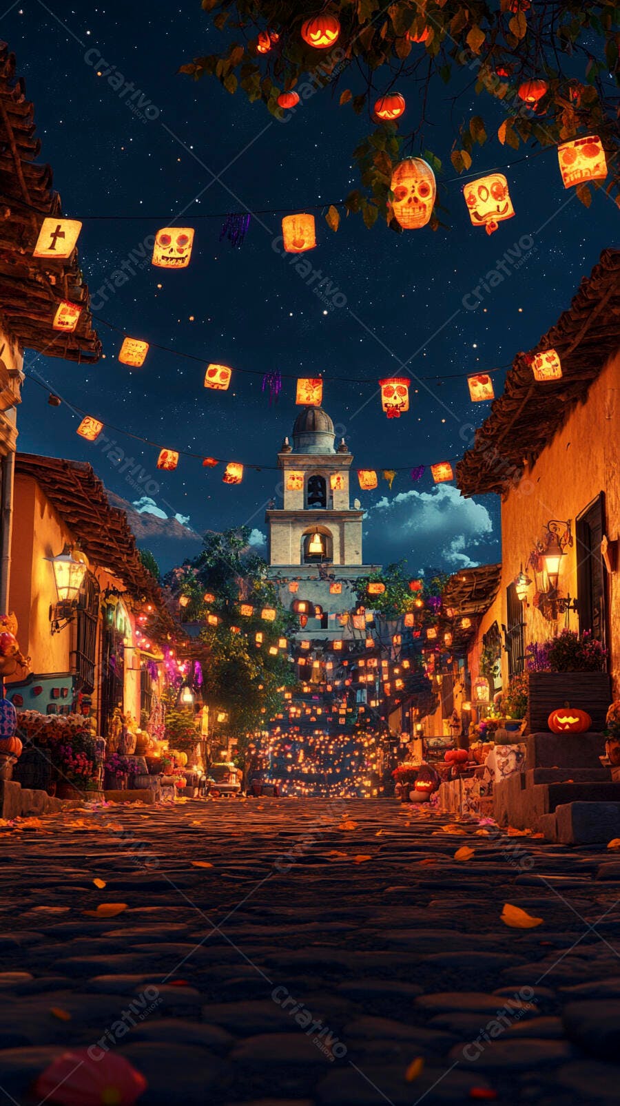 Rua mexicana iluminada com lanternas de caveira e abóboras em noite estrelada