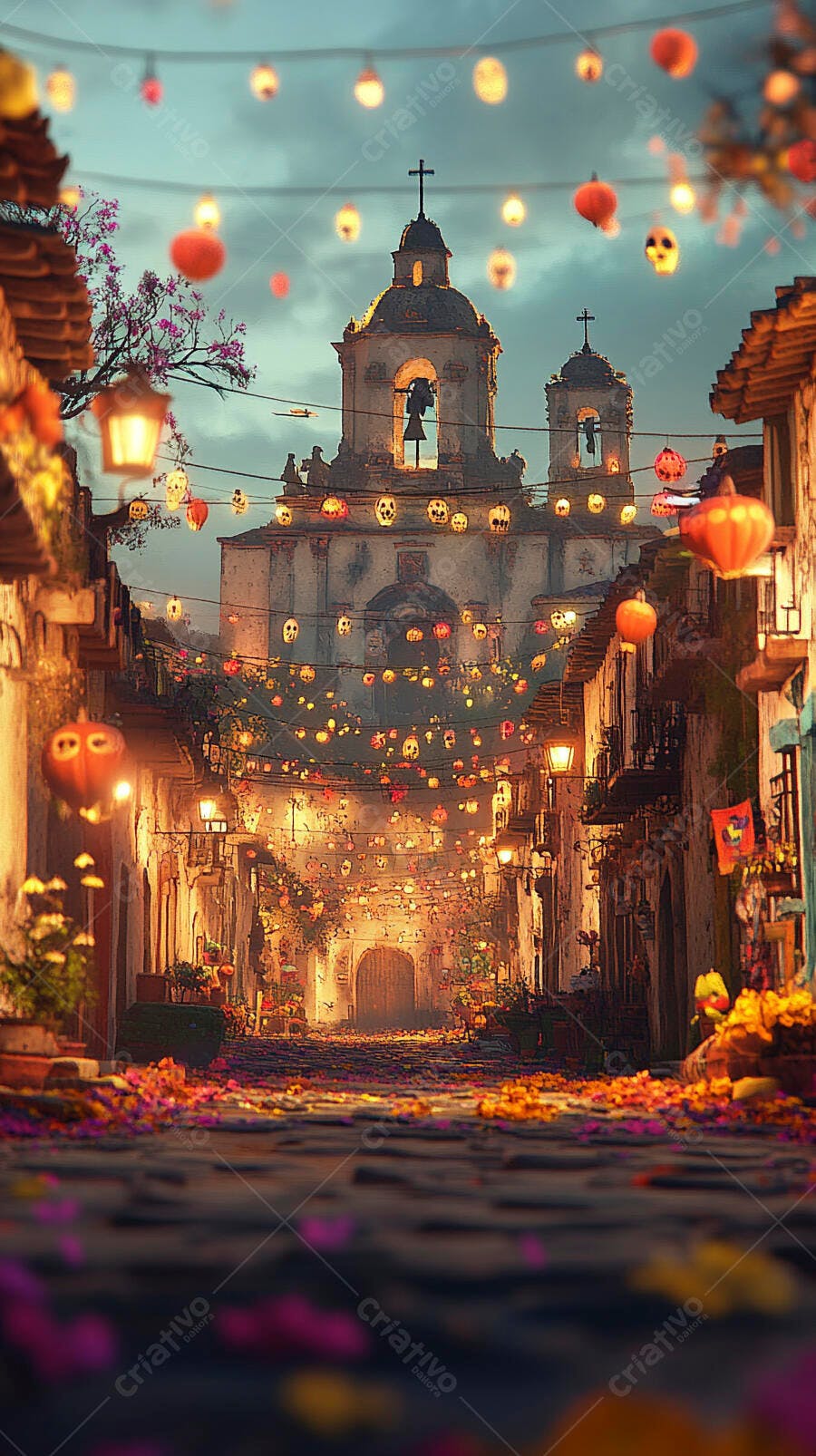 Rua colonial decorada em celebração Dia de Muertos com igreja ao fundo noite festiva