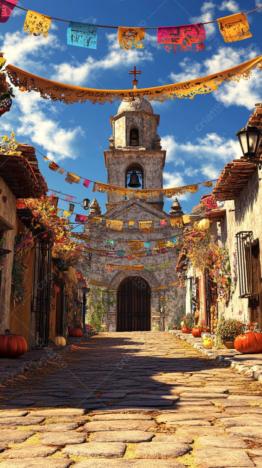 Vila Mexicana decorada com papel picado e abóboras para festa tradicional