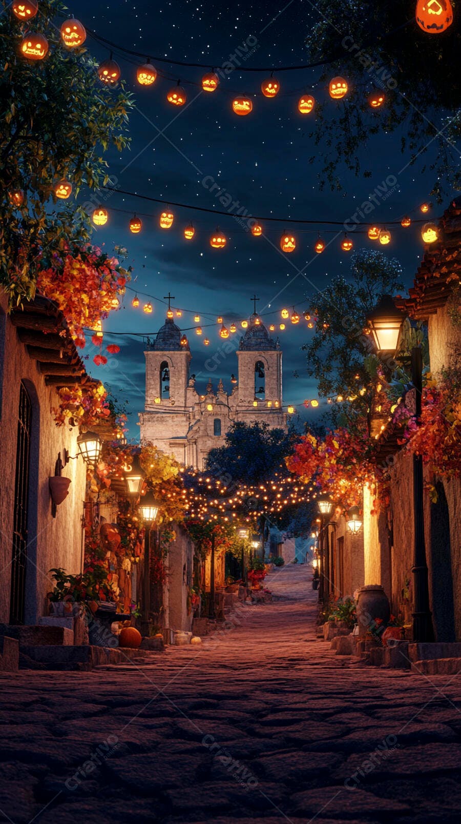 Rua noturna de vila antiga com igreja e luzes de abóbora para Halloween