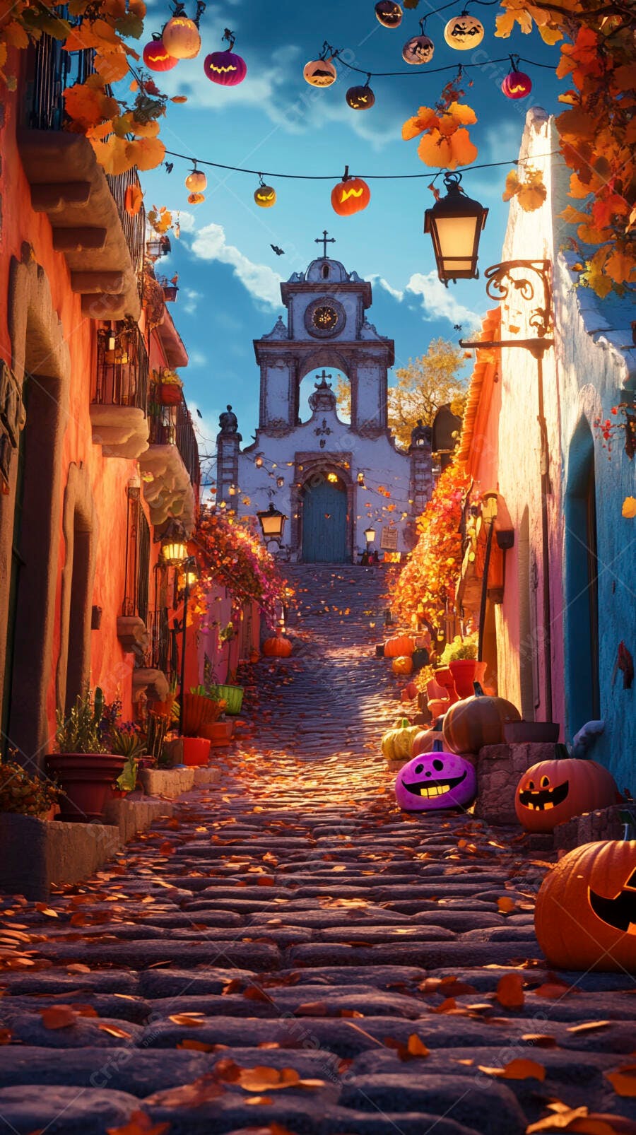 Rua de paralelepípedos decorada para Halloween com abóboras e igreja ao fundo
