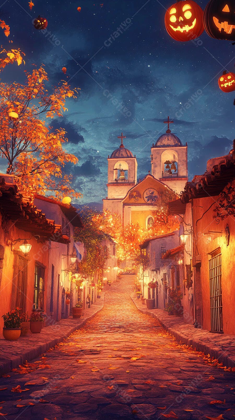 Rua de cidade antiga com abóboras de Halloween à noite