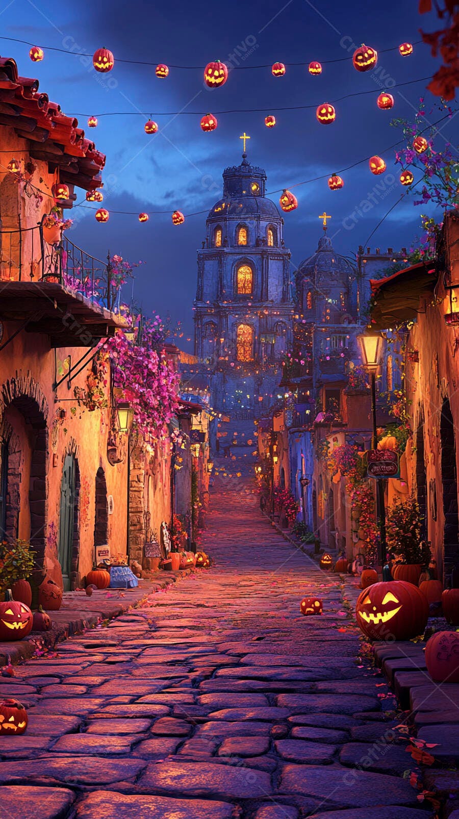 Rua de cidade antiga com abóboras de Halloween e igreja iluminada à noite