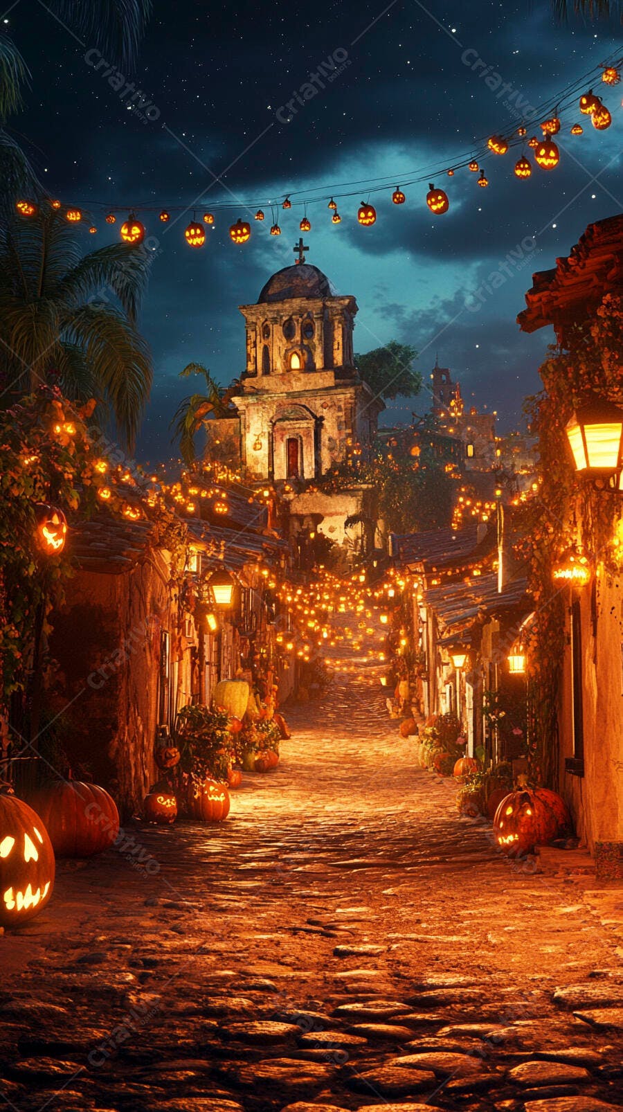 Rua de paralelepípedos iluminada por abóboras laranja em noite de Halloween na vila