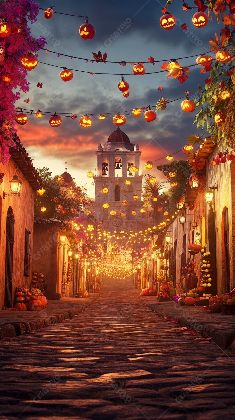 Rua de cidade antiga decorada com abóboras iluminadas ao anoitecer