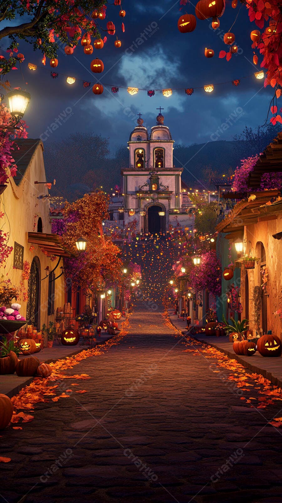 Rua festiva decorada com abóboras e igreja ao fundo em noite de outono