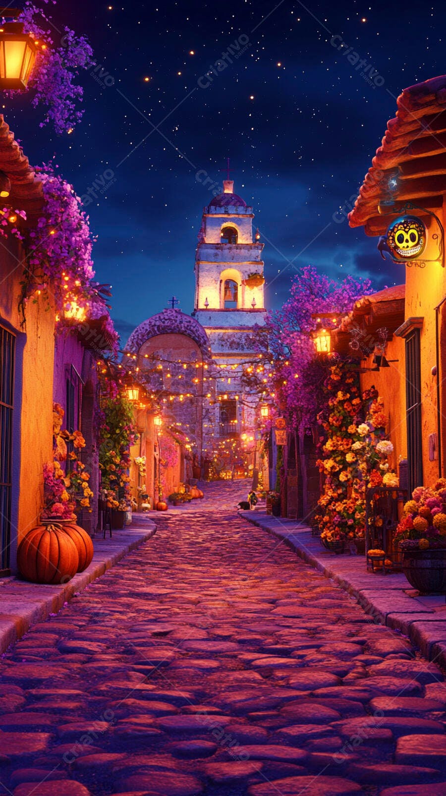 Rua de paralelepípedos colorida com igreja e decorações festivas à noite