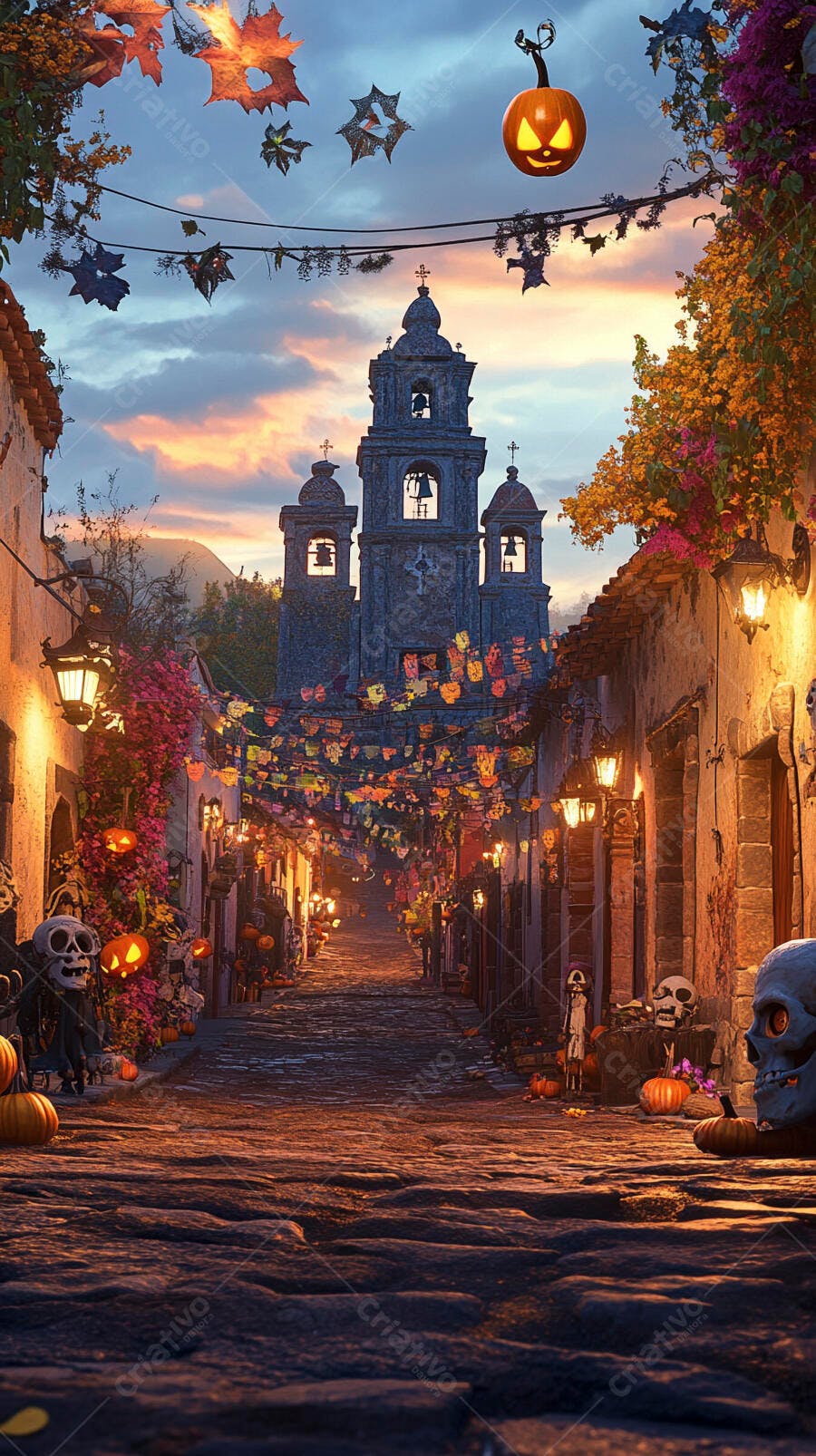 Rua de cidade antiga decorada para Halloween com abóboras e igreja ao entardecer