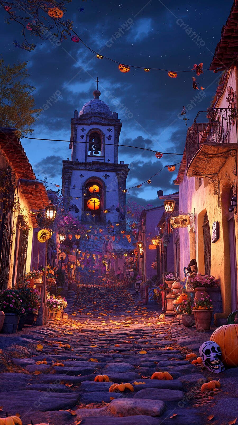 Rua de paralelepípedos decorada com abóboras e lanternas para o Halloween