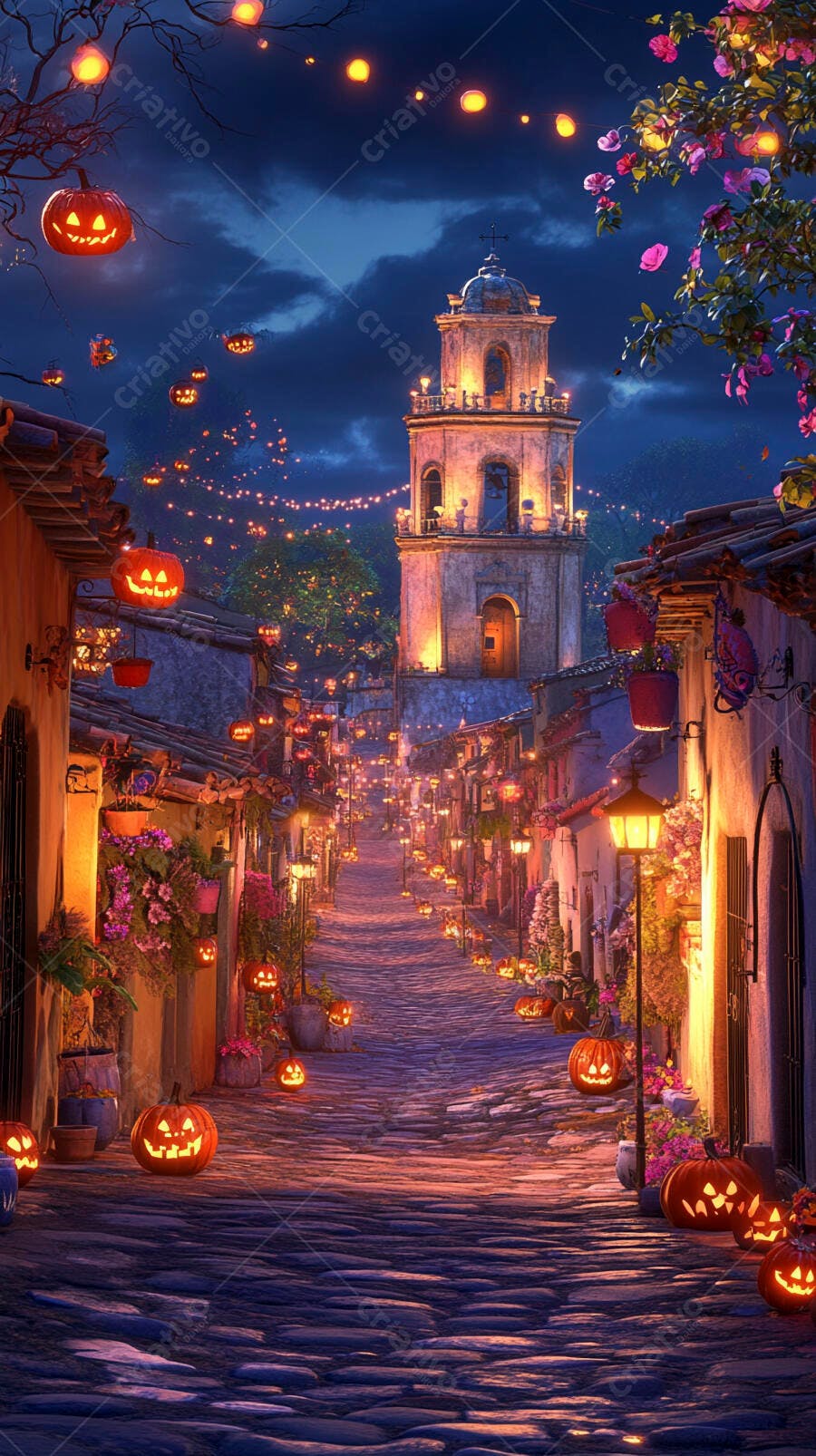 Rua de paralelepípedos iluminada com abóboras de Halloween e torre noturna