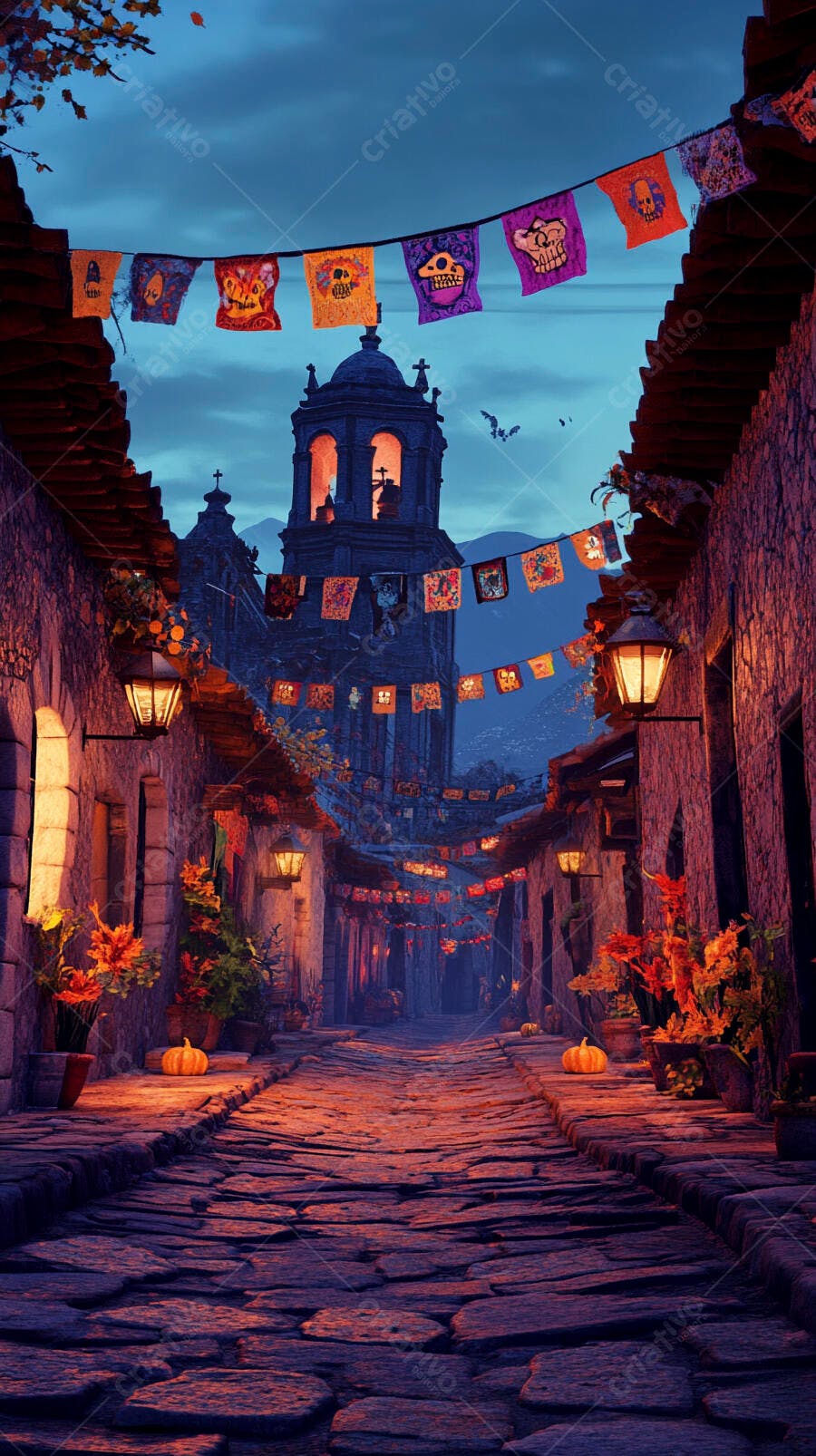 Rua mexicana decorada para Dia de los Muertos à noite com igreja e bandeirinhas