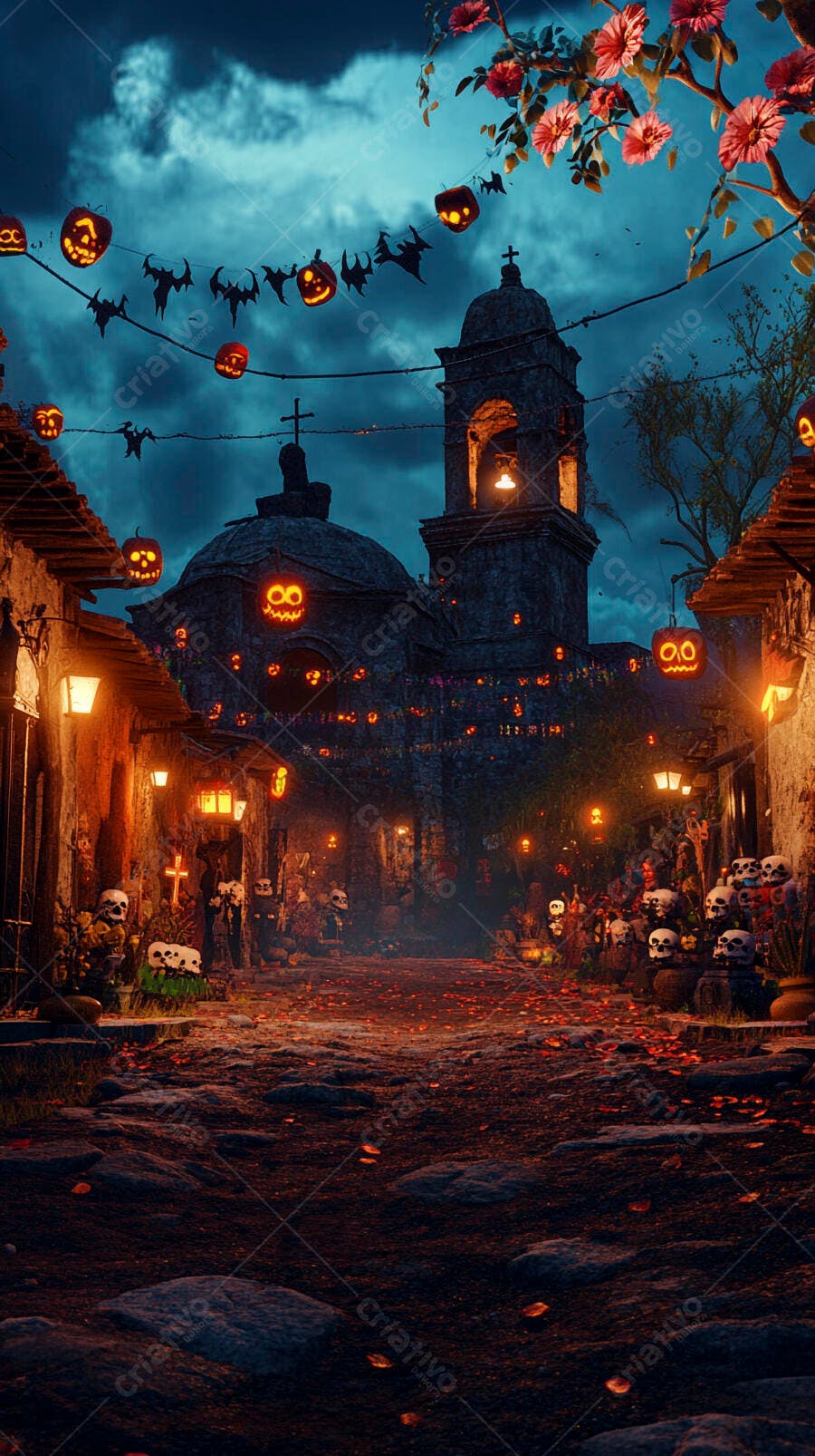 Rua de vila antiga decorada para Halloween noite céu azul escuro abóboras caveiras