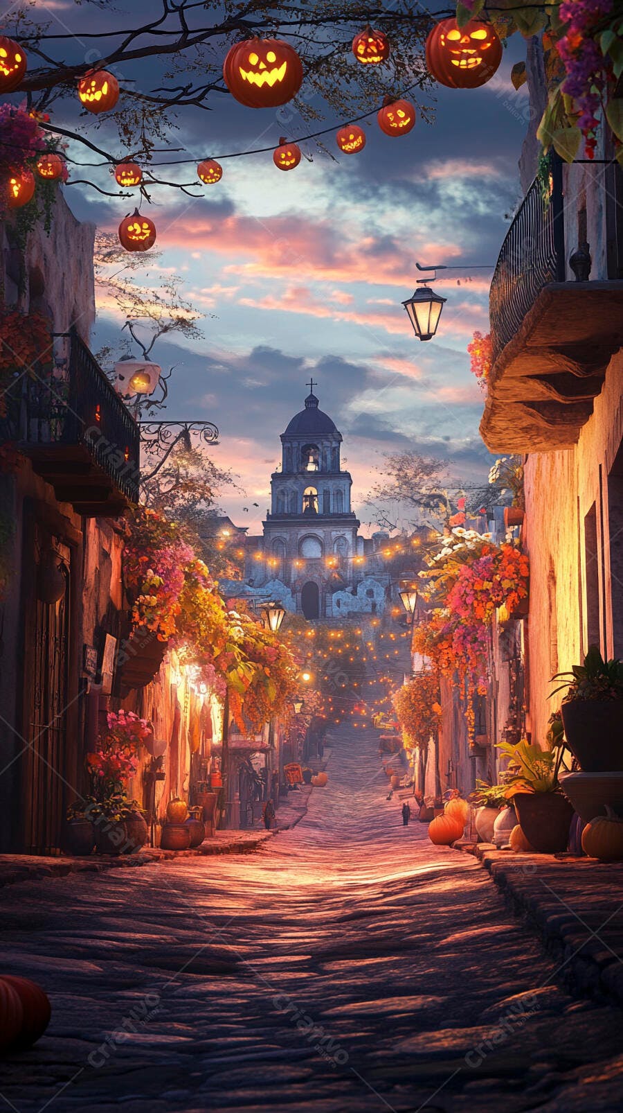 Rua decorada para Halloween com jack-o'-lanterns e igreja ao anoitecer