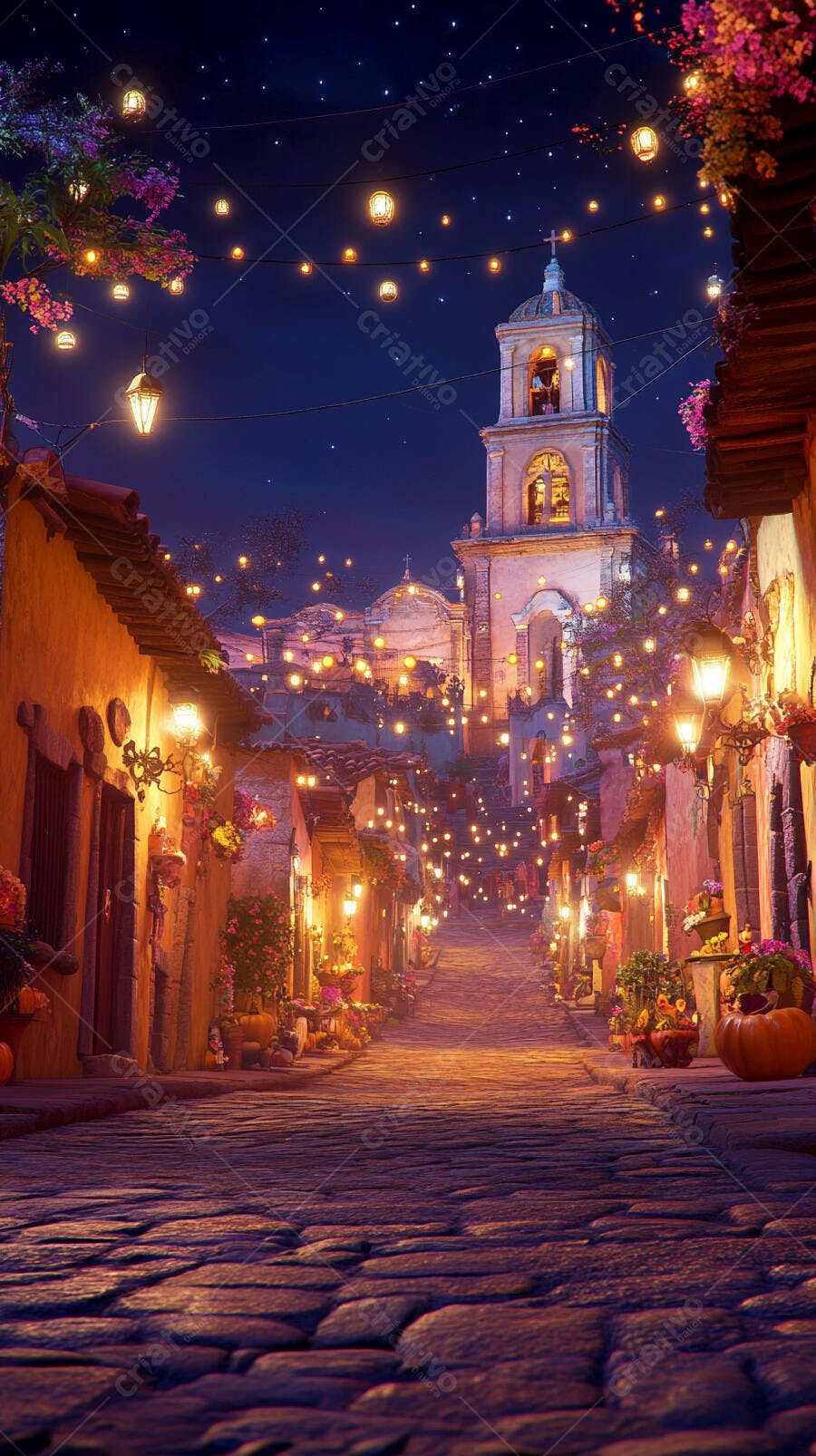 Rua colonial noturna com igreja e luzes douradas de celebração