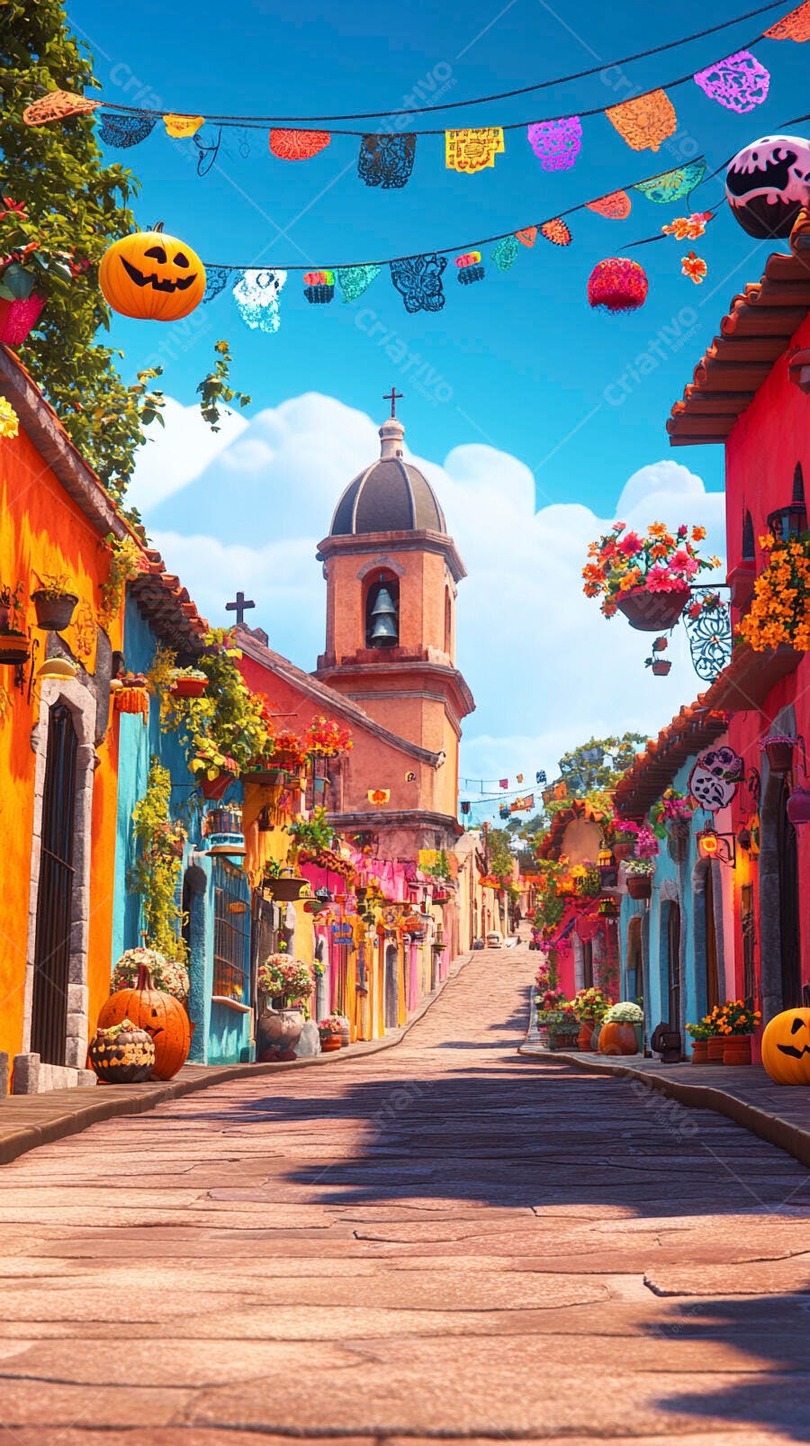 Rua vibrante com casas coloridas igreja torre e decorações festivas de Halloween e Dia dos Mortos
