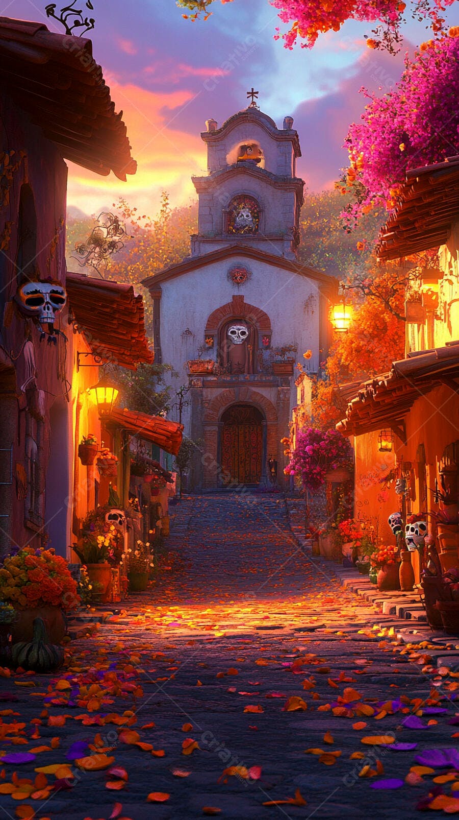 Rua festiva com igreja e decoração de Dia dos Mortos ao entardecer, cores vibrantes laranja e roxo