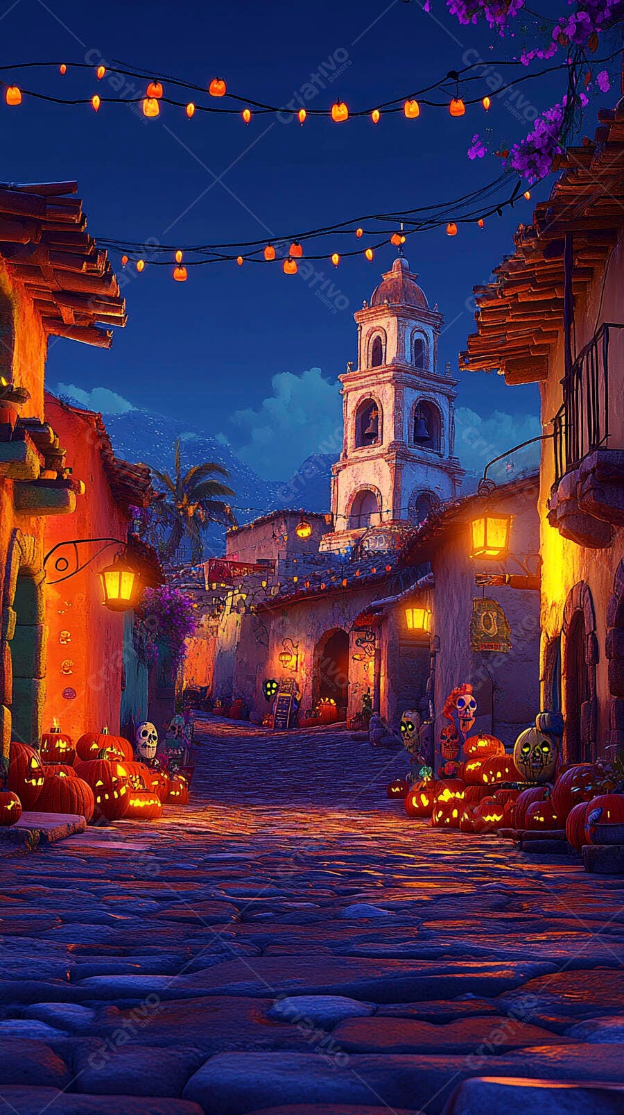 Rua de vilarejo mexicano iluminada para o Dia dos Mortos ou Halloween à noite