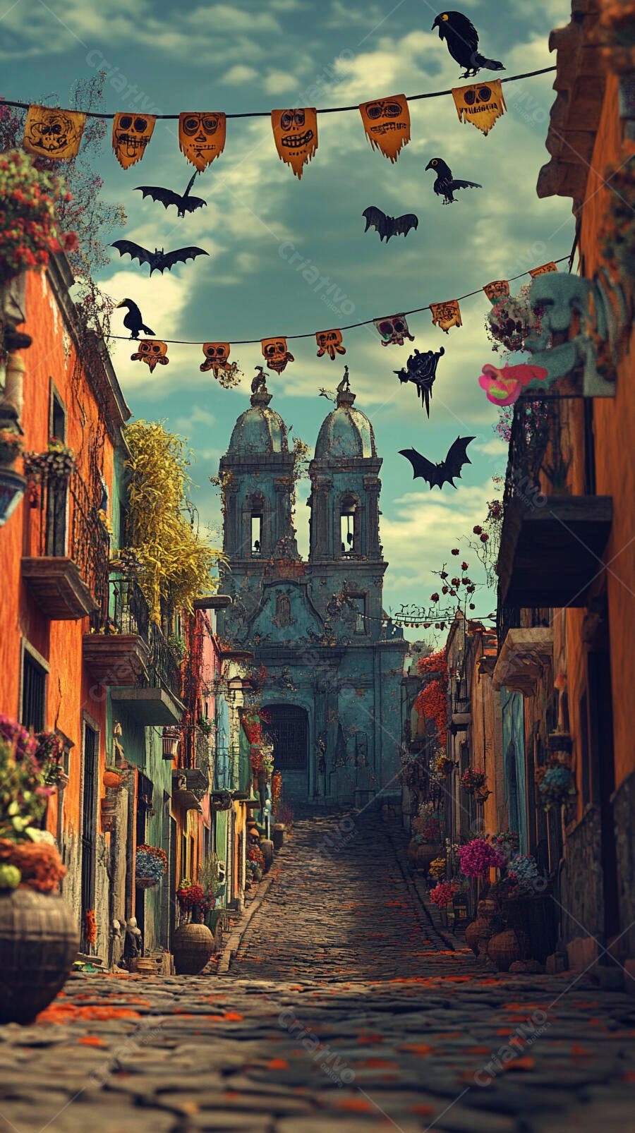 Rua histórica decorada para Halloween com igreja e morcegos voando