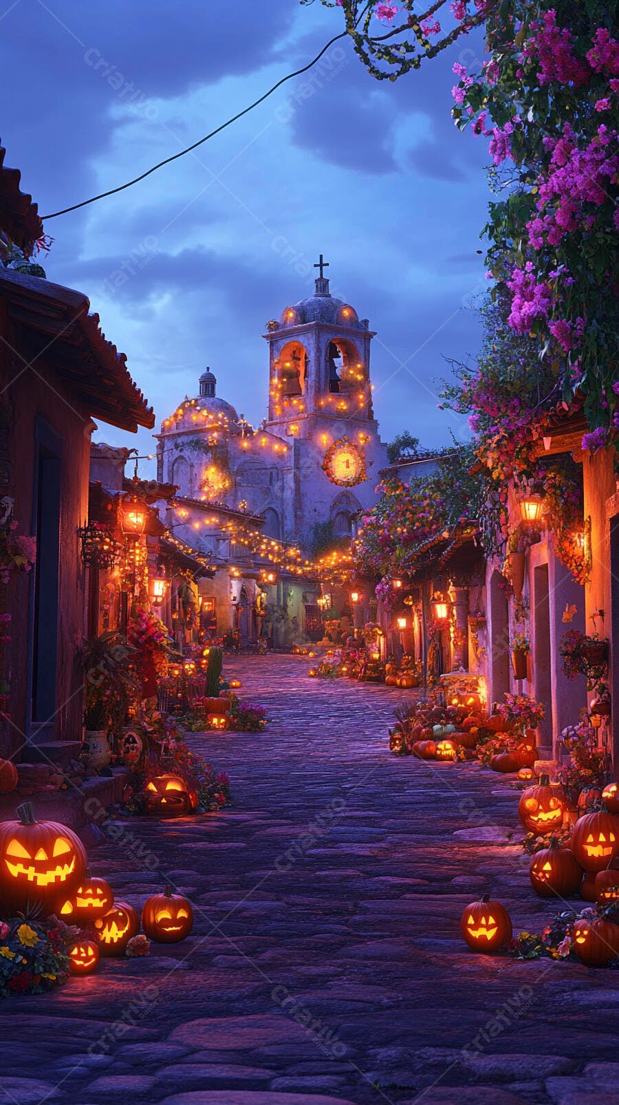 Rua histórica decorada com abóboras luminosas e luzes de Halloween à noite