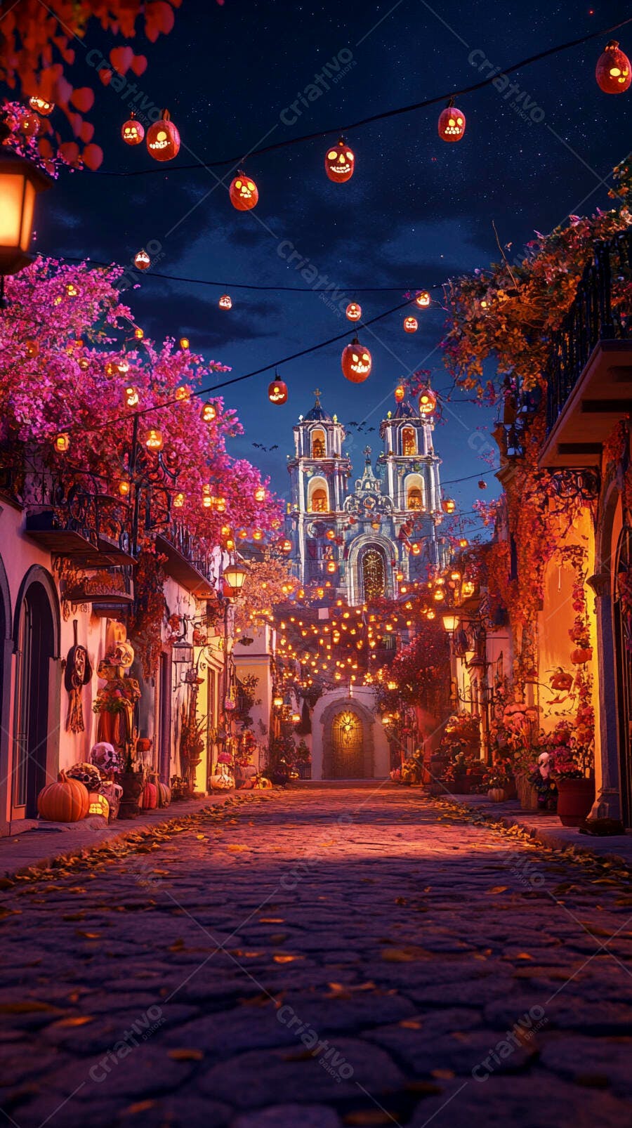 Rua festiva noturna com lanternas de abóbora flores rosa e igreja iluminada