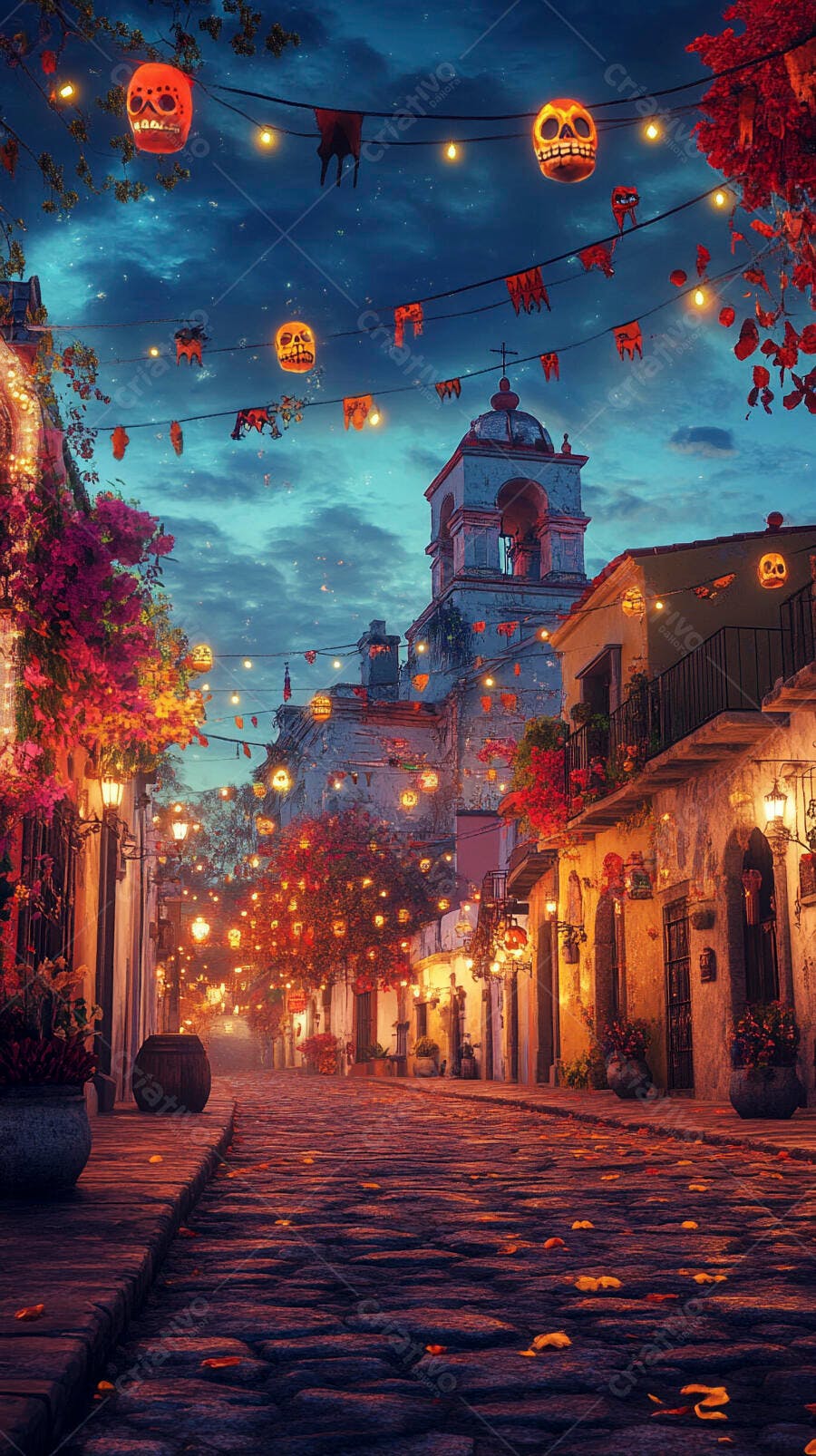 Rua colonial festiva com caveiras mexicanas e flores ao anoitecer