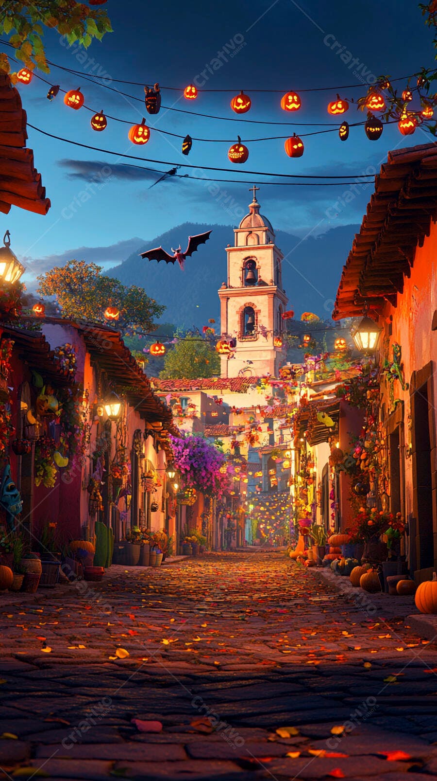 Vila colorida decorada para o Halloween à noite com morcego e abóboras